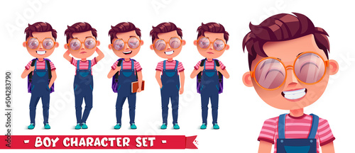 Student boy vector character set. Male students expression in happy, jolly and cute facial reaction collection isolated in white background for school friendly characters design. Vector illustration.
