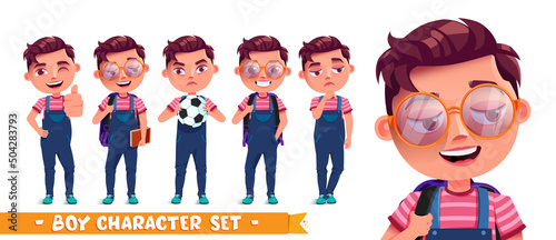 Student boy vector character set. Male school characters collection with eyeglasses, backpack and ball elements isolated in white background for education kids design. Vector illustration.
