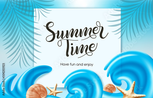 Summer time vector template design. Summertime text in white board space with sea waves, starfish and conch elements for fun and relax holiday messages. Vector illustration.
