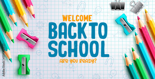 Back to school vector background design. Back to school text with color pencil and educational supplies element in grid pattern for school items decoration. Vector illustration.
