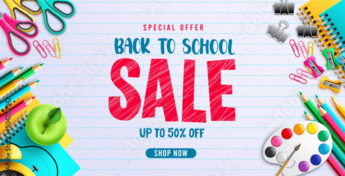 Back to school sale vector banner design. Back to school sale text in special offer discount with educational supplies element for education promo advertisement. Vector illustration.
