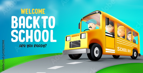 Back to school vector concept design. Back to school text with students character riding school bus service element for kids educational service. Vector illustration.
