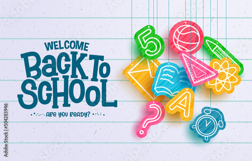Back to school education vector design. Welcome back to school text with hanging educational symbols in paper cut decoration for study learning messages. Vector illustration.
