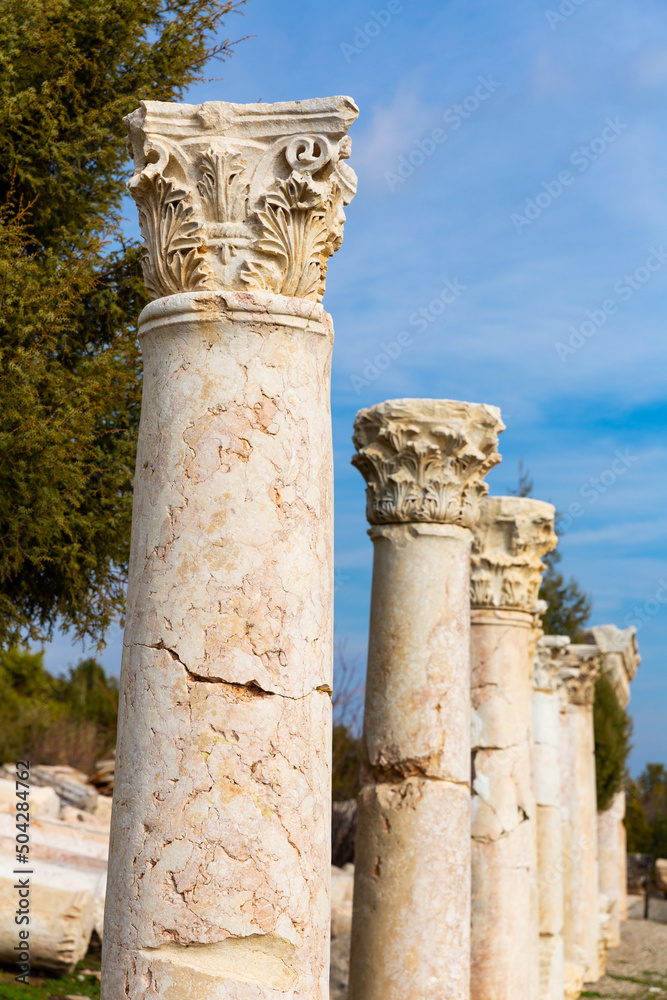 Attraction of the ancient city, agora is surrounded by huge columns. Kibyra Ancient City. Turkey
