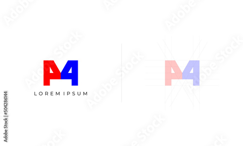 pictogram monogram combination letter M and number 4, with red and blue color, made with geometric shape