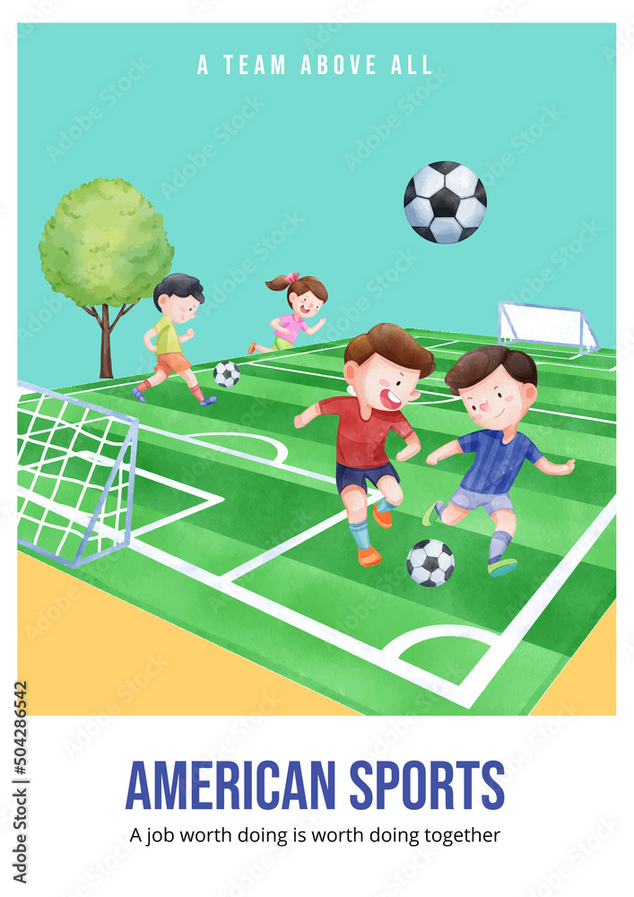 Fototapeta premium Poster template with American sport kids concept,watercolor style