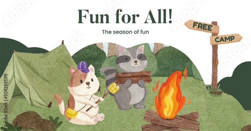 Facebook template with animal camping summer concept,watercolor style