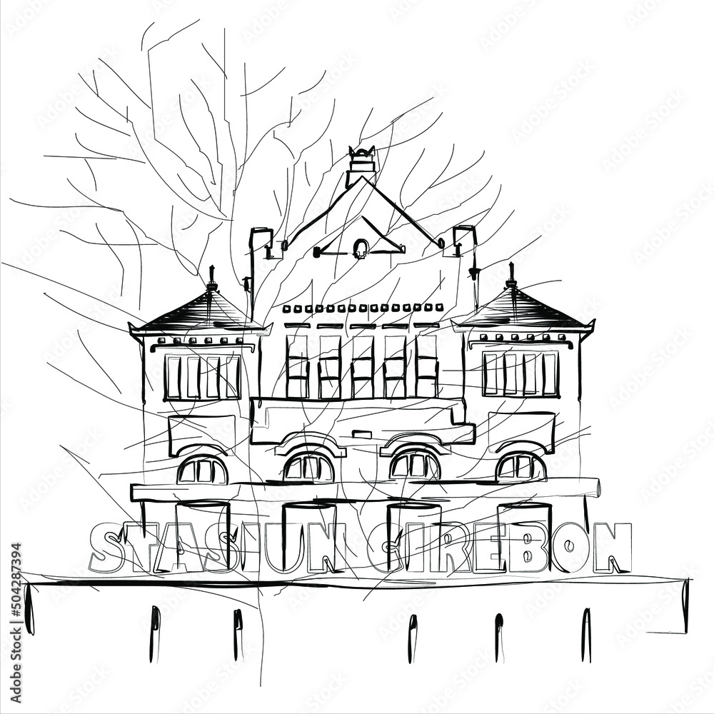 Black and white sketch of the Cirebon City Train Station, West Java, Indonesia. Vector illustration