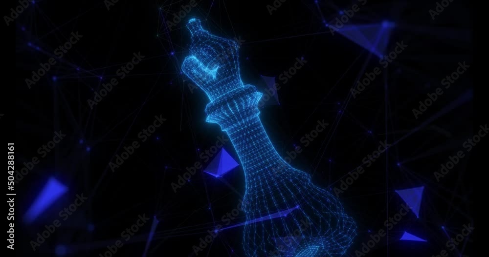 3d rendering 4k loop rotation through wireframe neon glowing symbol of chess Bishop figures with bright dots and triangle on dark background with blurred plexus on the floating environment.