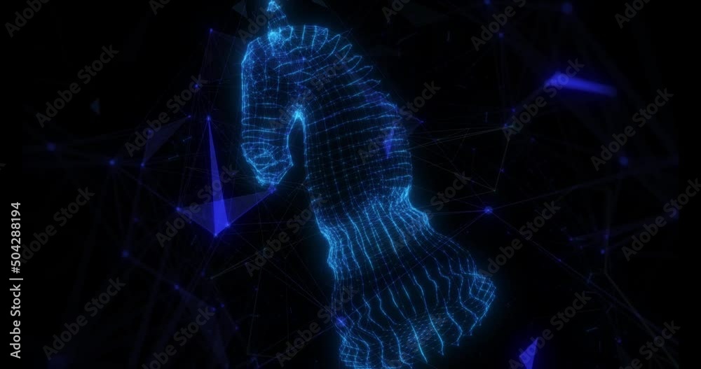 3d rendering 4k loop rotation through wireframe neon glowing symbol of chess Knight figures with bright dots and triangle on dark background with blurred plexus on the floating environment.