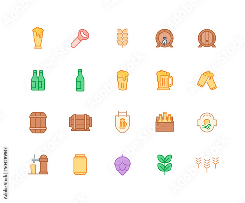 Collection of Alcohol color icons and color icons. Set of distillery, brewery symbols drawn with thin contour lines. Vector illustration.