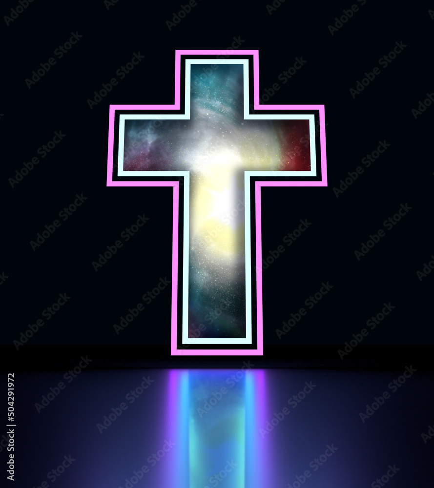 Fototapeta premium Neon shine thin line christianity cross with reflection as entrance to universe filled with stars. 3D render