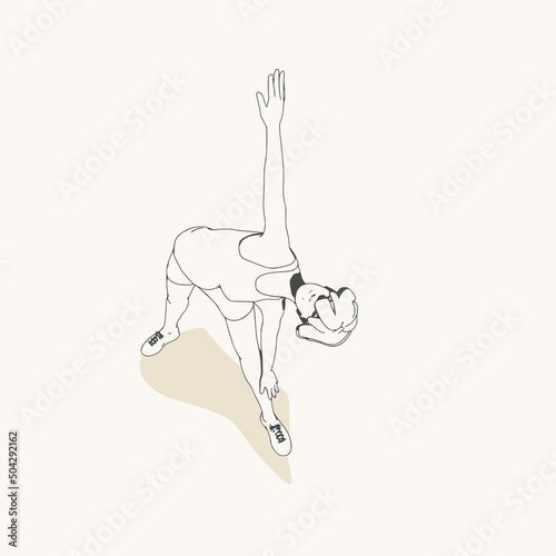 Young female workout. Sport girl doing stretching exercise. Casual sportwear - t-shirt, breeches and sneakers. Young woman wearing workout clothes. Sport fashion girl outline in urban casual style.