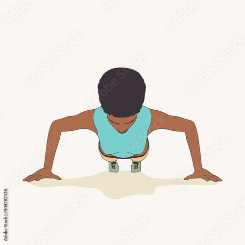 Young afro american female workout. Sport girl doing push up exercise. Young woman wearing workout clothes. Sport fashion girl outline in urban casual style.