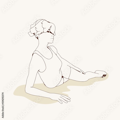 Lying woman. Sport girl illustration. Casual sportwear - t-shirt, breeches and sneakers. Young woman wearing workout clothes. Sport fashion girl outline in urban casual style.