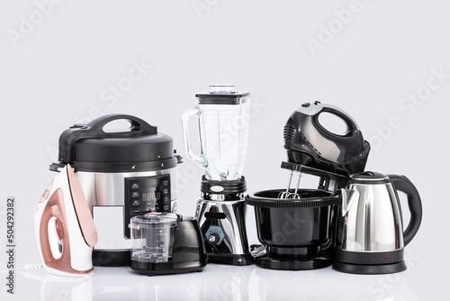 Kitchen Home Appliances - Different household appliances On Gray Background