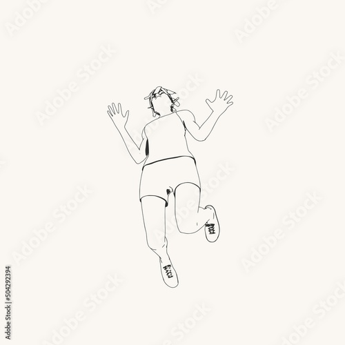 Jumping beautiful woman. Sport girl illustration. Young woman wearing workout clothes. Sport fashion girl outline in urban casual style.