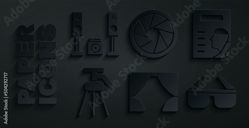 Set Curtain, Cinema poster, Tripod, 3D cinema glasses, Camera shutter and Home stereo with two speakers icon. Vector
