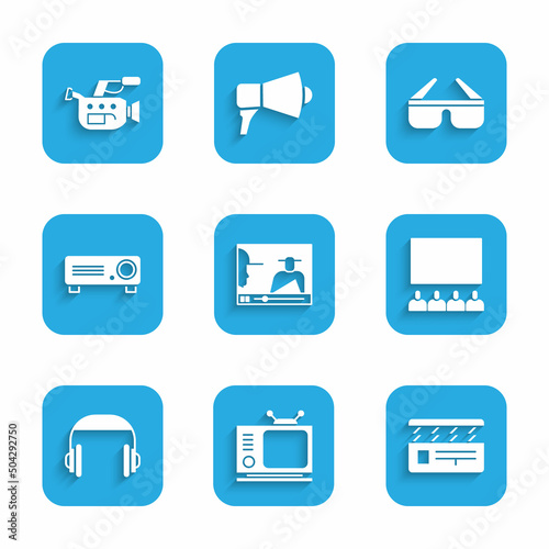 Set Online play video, Retro tv, Movie clapper, Cinema auditorium with screen, Headphones, Movie, film, media projector, 3D cinema glasses and camera icon. Vector