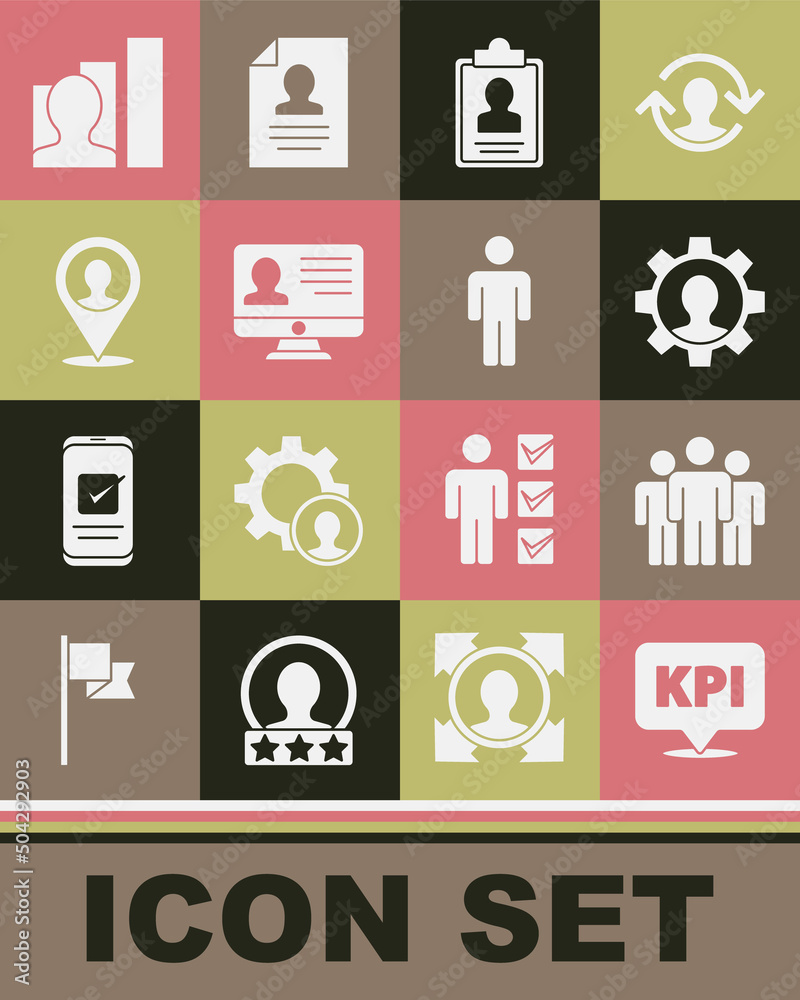 Set Key performance indicator, Users group, Human with gear, Clipboard resume, Monitor, Location person, Productive human and of icon. Vector