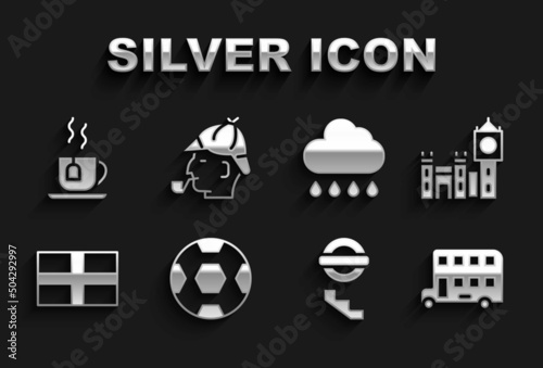 Set Football ball, Big Ben tower, Double decker bus, London underground, Flag of England, Cloud with rain, Cup tea tea bag and Sherlock Holmes icon. Vector