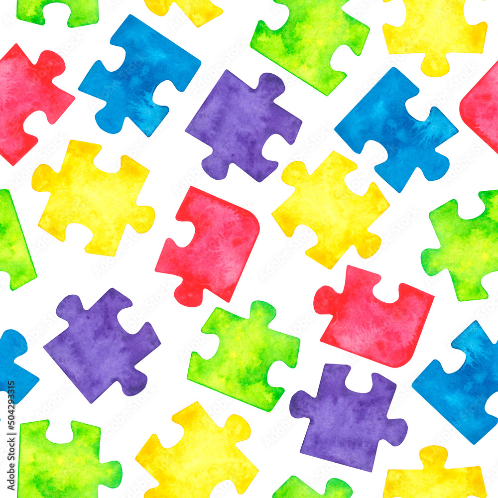 A seamless background of brightly colored puzzle pieces drawn in watercolor on white. A seamless background of brightly colored puzzle pieces drawn in watercolor on white.
