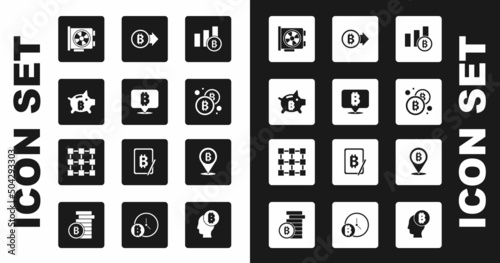 Set Pie chart infographic bitcoin, Bitcoin, Piggy bank, Video card, and Blockchain technology icon. Vector