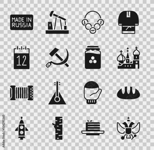 Set National emblem of Russia, Bread loaf, Saint Basil's Cathedral, Russian bagels, Hammer and sickle USSR, Calendar 12 june, Made and Jar honey icon. Vector