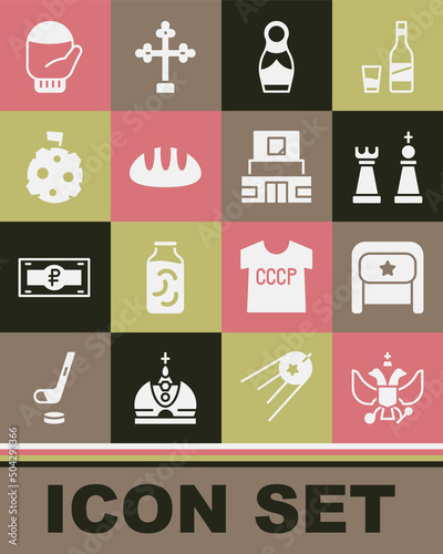 Set National emblem of Russia, Ushanka, Chess, Russian doll matryoshka, Bread loaf, Moon with flag, Christmas mitten and Mausoleum Lenin icon. Vector