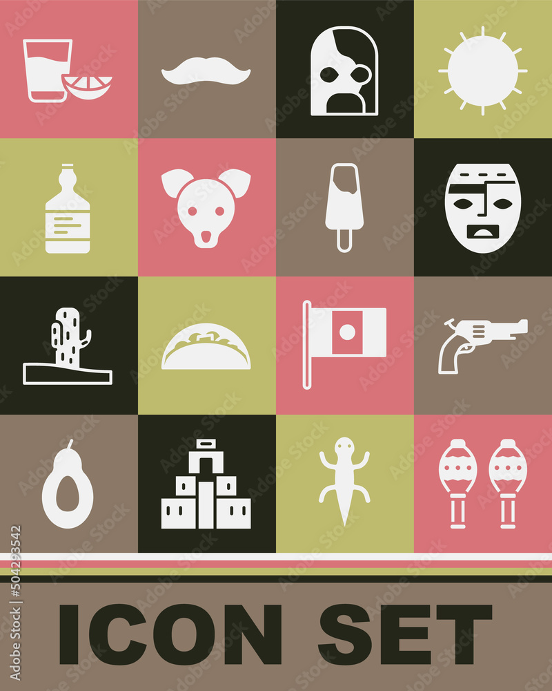 Set Maracas, Revolver gun, Aztec mask, Mexican wrestler, Dog, Tequila bottle, glass with lemon and Popsicle ice cream icon. Vector Set Maracas, Revolver gun, Aztec mask, Mexican wrestler, Dog, Tequila bottle, glass with lemon and Popsicle ice cream icon. Vector