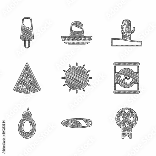 Set Sun, Cigar, Mexican skull, Beans in, Avocado, Nachos, Cactus and Popsicle ice cream icon. Vector