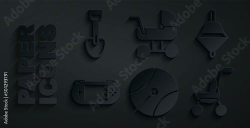 Set Basketball ball, Whirligig toy, Portable video game console, Baby stroller, and Shovel icon. Vector
