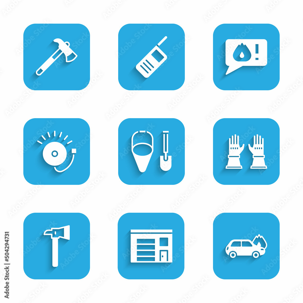 Set Fire shovel and bucket, Building of fire station, Burning car, Firefighter gloves, axe, Ringing alarm bell, Telephone call 911 and icon. Vector Set Fire shovel and bucket, Building of fire station, Burning car, Firefighter gloves, axe, Ringing alarm bell, Telephone call 911 and icon. Vector