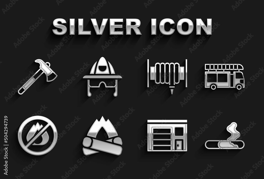 Set Campfire, Fire truck, Cigarette, Building of station, No, hose reel, Firefighter axe and helmet icon. Vector Set Campfire, Fire truck, Cigarette, Building of station, No, hose reel, Firefighter axe and helmet icon. Vector