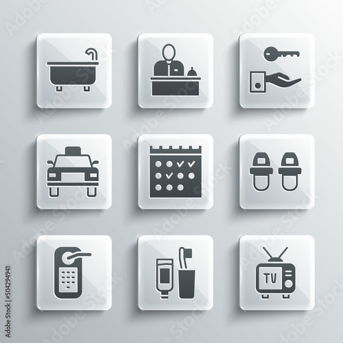 Set Toothbrush and toothpaste, Retro tv, Hotel slippers, booking calendar, Digital door lock, Taxi car, Bathtub and key icon. Vector