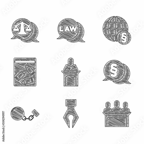 Set Judge, Fountain pen nib, Jurors, Law, Ball on chain, Evidence bag and bullet, International law and Scales of justice icon. Vector