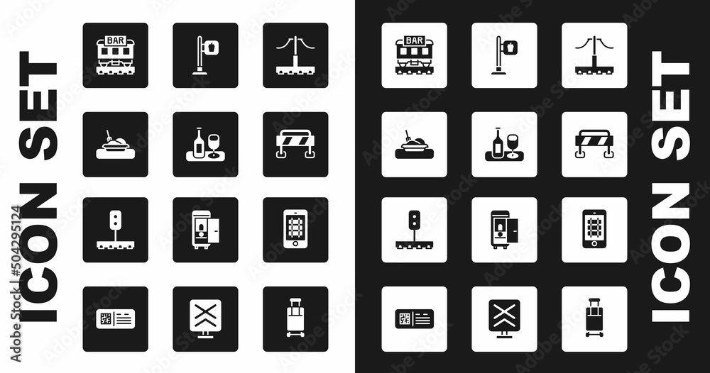 Set Railway, Wine bottle with glass, Plate food, Restaurant train, Road barrier, Cafe and restaurant location, Buy ticket online and Train traffic light icon. Vector Set Railway, Wine bottle with glass, Plate food, Restaurant train, Road barrier, Cafe and restaurant location, Buy ticket online and Train traffic light icon. Vector