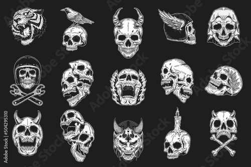 Set Mega Collection Bundle of Hand drawn Skull Devil Demon Oni Mask Head Dark Art with Different Angel Hatching Outline Style illustration