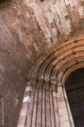 The Gothic arch entrance of the Se Cathedral Igreja de São Roque Roman Catholic church in Lisbon, Portugal.