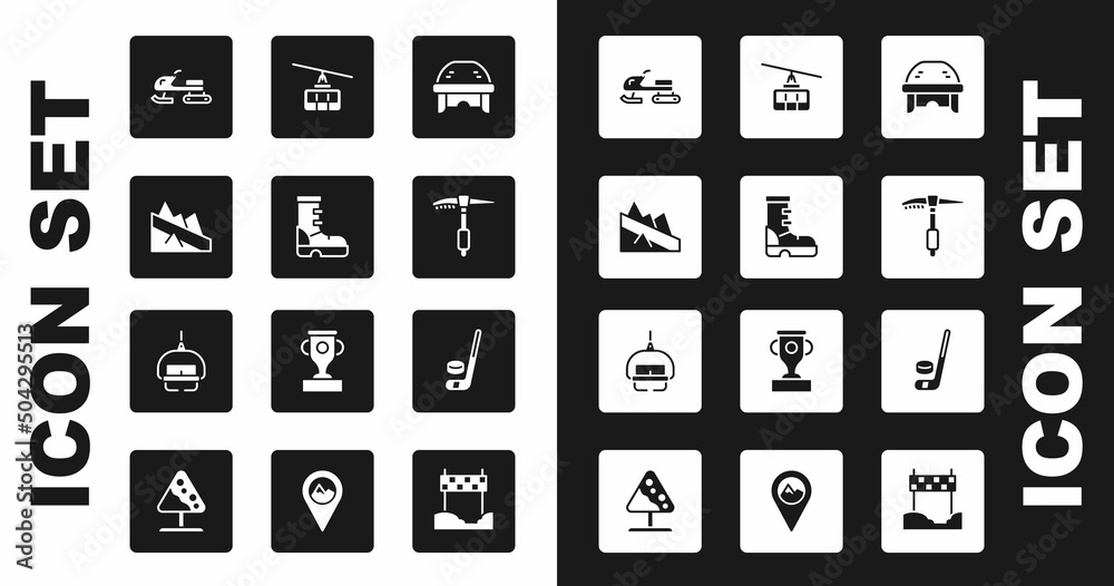 Set Hockey helmet, Waterproof rubber boot, Mountain descent, Snowmobile, Ice axe, Cable car, hockey stick and puck and Ski lift icon. Vector