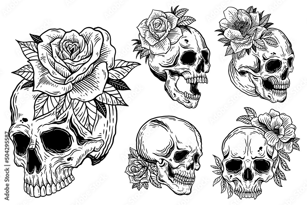 Fototapeta premium Bundle Set Skull Rose Dark illustration Devil Demon Horror Skull Bones Head Hand drawn Hatching Symbol Tattoo Merchandise T-shirt Merch vintage