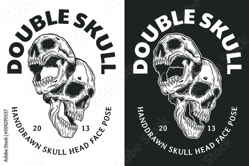 Set Skull Double Face Dark illustration Beast Skull Bones Head Hand drawn Hatching Outline Symbol Tattoo Merchandise T-shirt Merch vintage
