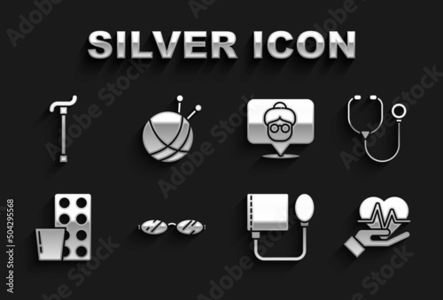 Set Eyeglasses, Stethoscope, Heart rate, Blood pressure, Pills in blister pack, Nursing home, Walking stick cane and Yarn ball with knitting needles icon. Vector