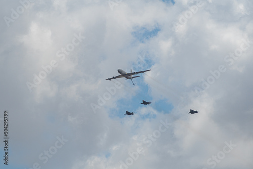 Three Israeli Stealth Fighter Jets Flying in Formation together with a Refueling Jumbo Jet in the air parade as part of Israel's Independence Day Celebrations