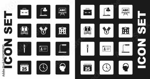 Set Chalkboard, Medal, School Bus, Briefcase, building, Table lamp, and Pen icon. Vector