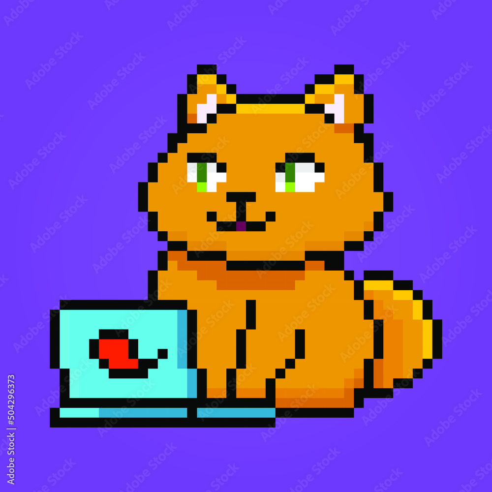 Pixel cute little cat on laptop purple background Pixel cute little cat on laptop purple background