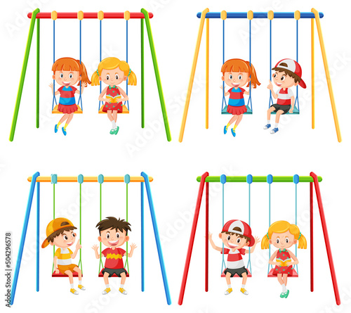 Kid on swing set playground on white background