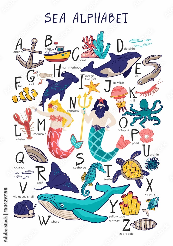 Decorative sea alphabet with mermaid, Poseidon, underwater symbols, fish, animals, corals, shells isolated on white. A poster with marine elements for decor of the nursery. Cartoon vector illustration