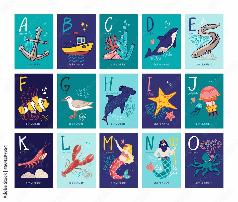 Set of postcards with letters of alphabet, marine symbols isolated on white. Collection of posters with anchor, shark, jellyfish, lobster studying letters, nursery decor. Cartoon vector illustration