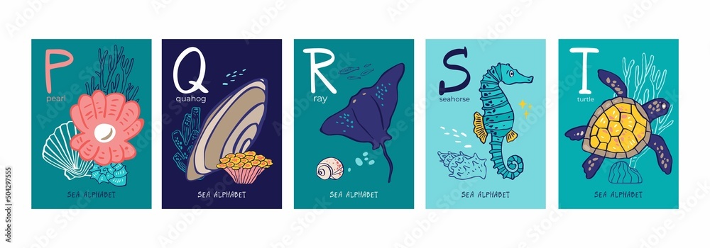 Set of postcards with letters of alphabet, marine symbols isolated on white. Collection of posters with pearl, ray, seahorse, turtle studying letters, nursery decor. Cartoon vector illustration